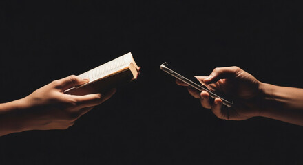 Two hands on a dark background: one holding an open book, and the other holding a smartphone, symbolizing a modern conflict or choice between traditional knowledge and digital information