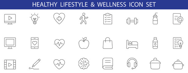 Healthy lifestyle and wellness icon set featuring fitness, mental health, nutrition, self-care, and routine essentials. Perfect for apps, infographics, and health-related projects.