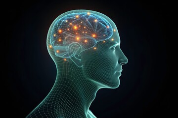 A digitally rendered human head in profile showcasing the brain with illuminated neural connections in a dark environment.