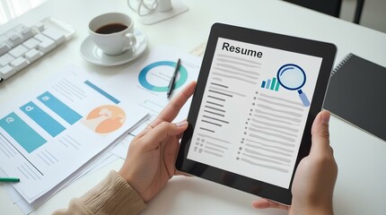 Modern job search concept showing hands holding tablet with resume and magnifying glass symbolizing recruitment process, CV screening, and career hunting