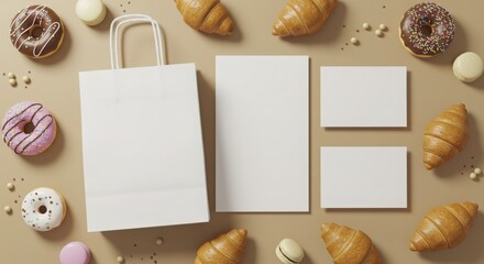 Flat Lay of Blank Branding Mockups with Assorted Baked Goods