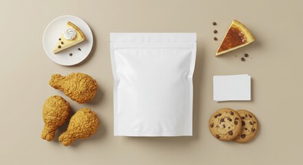 Flat Lay of Food Items with Blank Packaging Mockup