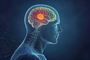 Anatomical illustration of a human head showing a brightly highlighted brain and neck within a wireframe structure