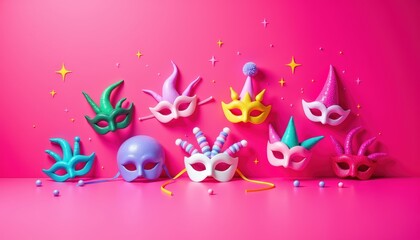 A row of colorful masks with a pink background