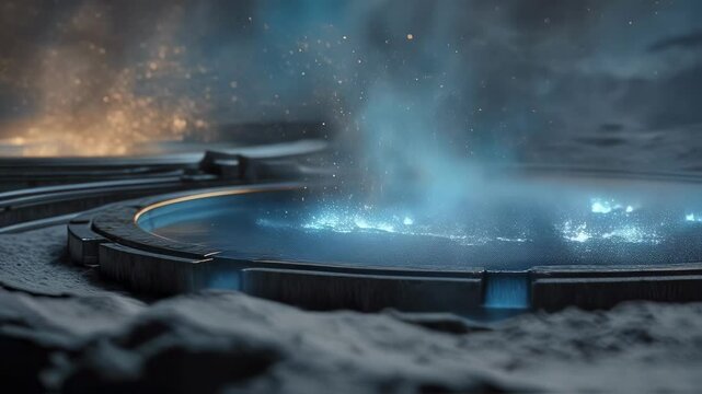 Automated systems are pouring liquid metal into molds on the surface of the moon, creating a stunning contrast between the iridescent glow of the molten pool and the dull lunar soil