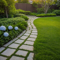 Obraz premium A stone walkway winds through a lush garden of vibrant plants