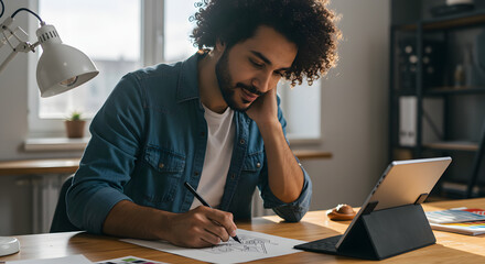 Young Man Drawing Architectural Plans Using Digital Tablet in Bright Office