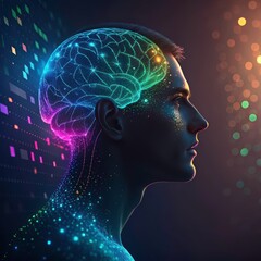 Obraz premium Digital illustration showcasing a human brain with neon colors and connected glowing lines representing intelligence and ideas