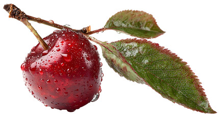 Vibrant macro close up of fresh red cherry with water droplets and green leaves on black isolated on white transparent background PNG cutout