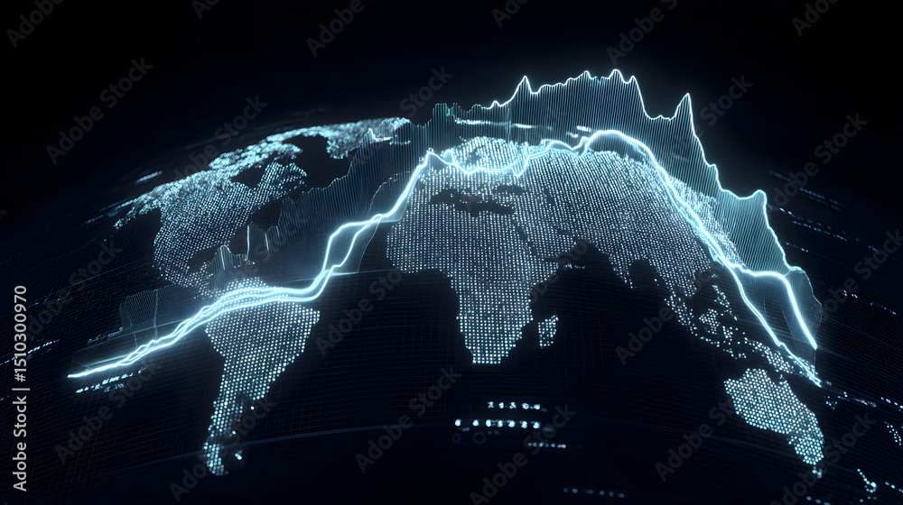Poster global data visualization: an abstract, futuristic view of the earth, with glowing lines and dots re