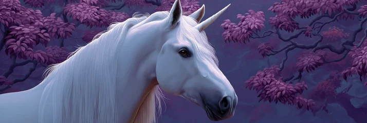 Fototapete Pony A white unicorn is standing in front of a purple tree. The image has a dreamy and whimsical mood, with the unicorn being the main focus of the scene  © Andrii Zastrozhnov