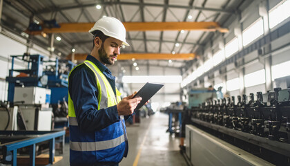 Focused worker inspecting machinery in a vast industrial warehouse with dramatic lighting and busy production environment