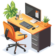 Modern Office Interior with Desktop Computer on Desk - Vector Illustration Isolated on White Background