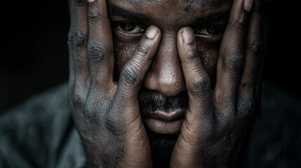Struggling with emotions, a man conceals his face under his hands in a darkened space