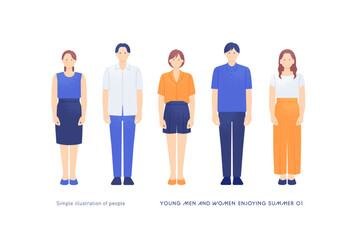 夏の装いの若い男女5人組 正面全身ベクターイラスト素材 - obrazy, fototapety, plakaty