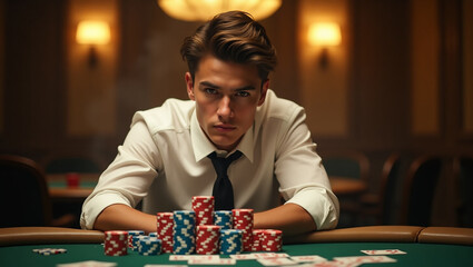 Focused Poker Player Intense Concentration at the Casino Table