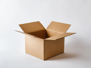 A cardboard box open on a white background, high-resolution photography, professional color grading, soft shadows, low contrast, and clean, sharp focus digital photography