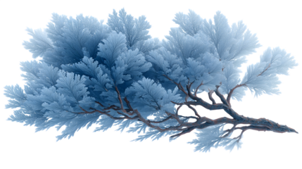 Abstract blue branch with frosty fronds on black background winter art design isolated on white transparent background PNG cutout