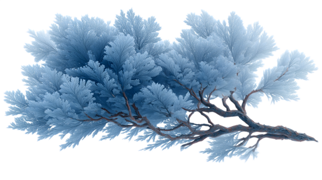 Abstract blue branch with frosty fronds on black background winter art design isolated on white transparent background PNG cutout