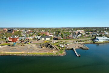 Aerial View of a Coastal City and Harbor in Prince Edward Island, Canada. High quality photo