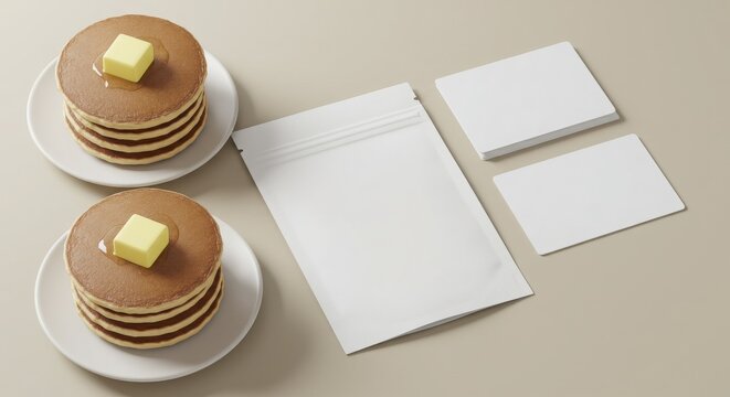 Two pancake stacks with butter, a white pouch, and business card