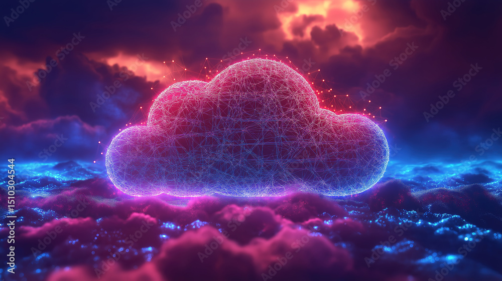Wall mural vibrant polygonal illustration showing cloud computing and blockchain in digital currency world