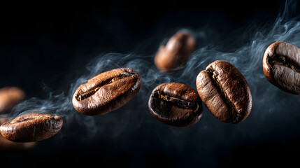 Fototapeta premium Aromatic Coffee Beans in Focus: An extreme close-up captures the rich detail of roasted coffee beans, surrounded by ethereal steam, evoking the warmth and aroma of a perfect brew.