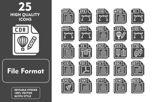 File Format Glyph Icon Set. Incleded Icons EMF, EPS, SVG, WPG, AI, SVGZ, WMF, ODG. Vector Icons Collection
