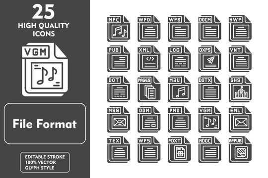 File Format Glyph Icon Set. Incleded Icons MPC, WPD, WPS, DOCM, HWP, PUB, XML. Vector Icons Collection