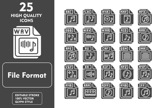 File Format Glyph Icon Set. Incleded Icons AAC, FLAC, M4A, MMF, MP3, OGG, WAV. Vector Icons Collection