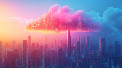 Fototapeta premium Modern city skyline with overhead cloud filled with data streams for cloud computing concept