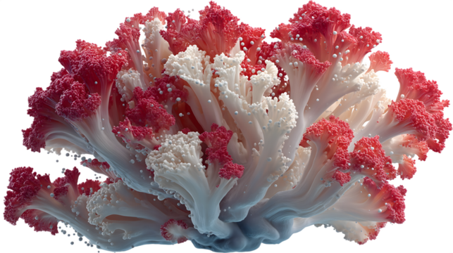 Abstract floral composition of red white and cream blossoms against a black isolated on white transparent background PNG cutout