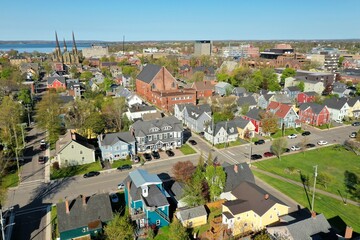 Aerial View of a Coastal City and Harbor in Prince Edward Island, Canada. High quality photo