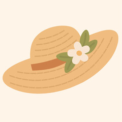 Flat illustration of a stylish summer hat with a flower accent. Perfect for boho fashion, vacation accessories, and warm weather design elements.