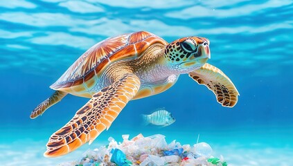 Fototapeta premium Sea turtle swims gracefully over a pile of plastic waste, symbolizing ocean pollution.