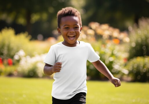 Kids T-Shirt Mockup Blank White Tee on Happy Child Playing in Sunny Park for Childrens Day Apparel Design or Event Merch Realistic