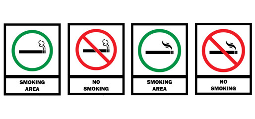 No smoking area and smoking area sign in green and red. No smoking. ban symbol. No smoking symbol. No smoke circle in red. forbidden icon. stop symbol icon set.