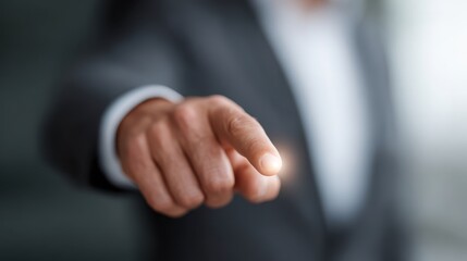 A confident businessman points forward, symbolizing leadership and direction. The intimate close-up captures determination and focus in a corporate environment.