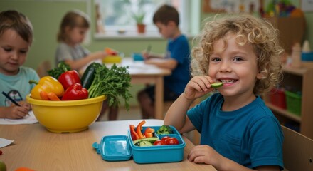 Happy young boy with curly hair eating healthy vegetable snack in a vibrant daycare classroom.