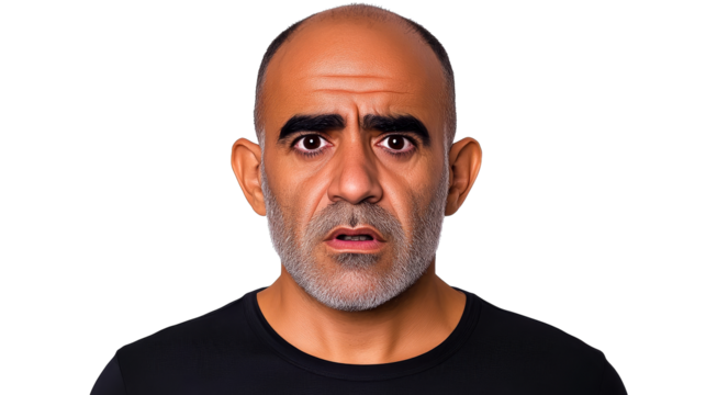 Arab man with concerned expression, eye contact, isolated, cut out transparent