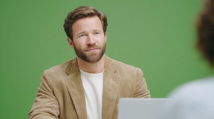 A confident man with a beard sits in front of a laptop, ready for a discussion. He exudes professionalism and approachability in a vibrant green backdrop that adds energy.