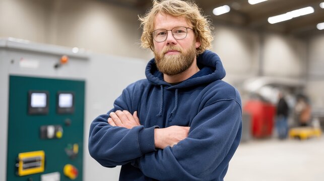 A confident man stands with crossed arms in an industrial setting, showcasing expertise and professionalism in his field