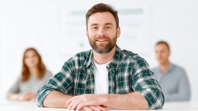 A confident man with a beard and plaid shirt smiles at the camera in a modern office setting, showcasing teamwork and collaboration among colleagues.
