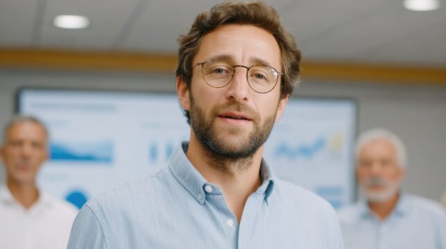 A confident professional man conveys important business insights in a modern office setting