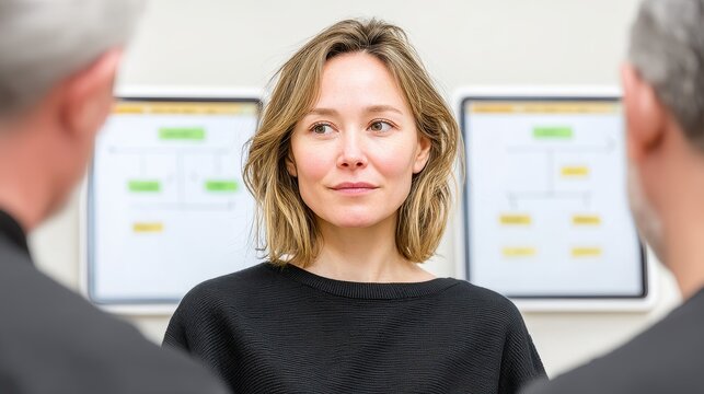 A confident woman engages in a professional discussion, showcasing effective communication skills in a modern office setting. Ideal for illustrating teamwork and leadership.