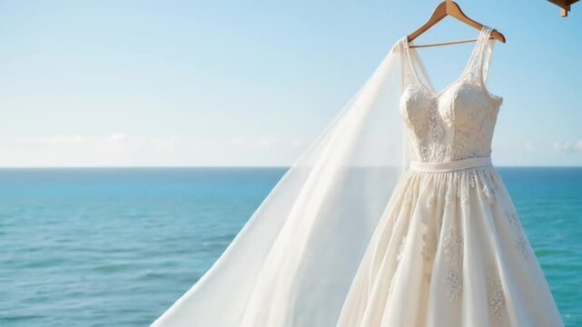 Elegant wedding dress hanging by the ocean with flowing veil  