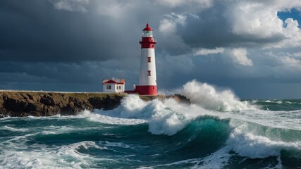 Obraz premium lighthouse during a storm in the spray realistic professional shot daytime shot bright blue sky in the clouds