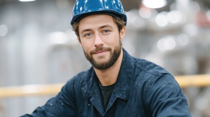 A confident young man wearing a protective helmet and work attire smiles at the camera in an industrial setting. He embodies safety and professionalism in the workplace.