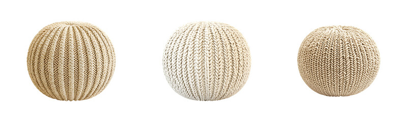 Knitted Spherical Cushions PNG – Cozy Handmade Poufs in Neutral Beige, Cream, and Grey Colors Isolated on Transparent Background for Modern Minimalist Home Decor and Interior Styling Projects