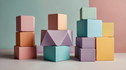 Obraz premium Geometric Shapes in Pastel Color Stacking on a Light Background